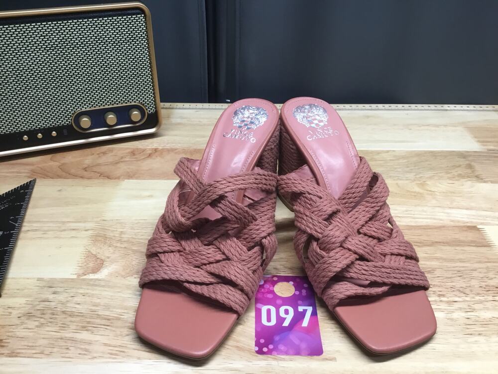 Vince Camuto Carindil Women 10.5 M Pink Woven Leather Block Heel Slip-On Sandals